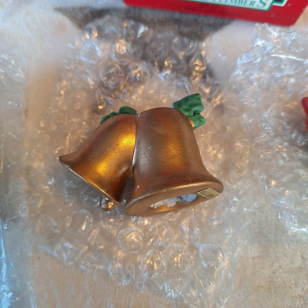 Two New Old Stock Vintage Porcelain Candle Climber‎ Hugger Christmas Santa Bells